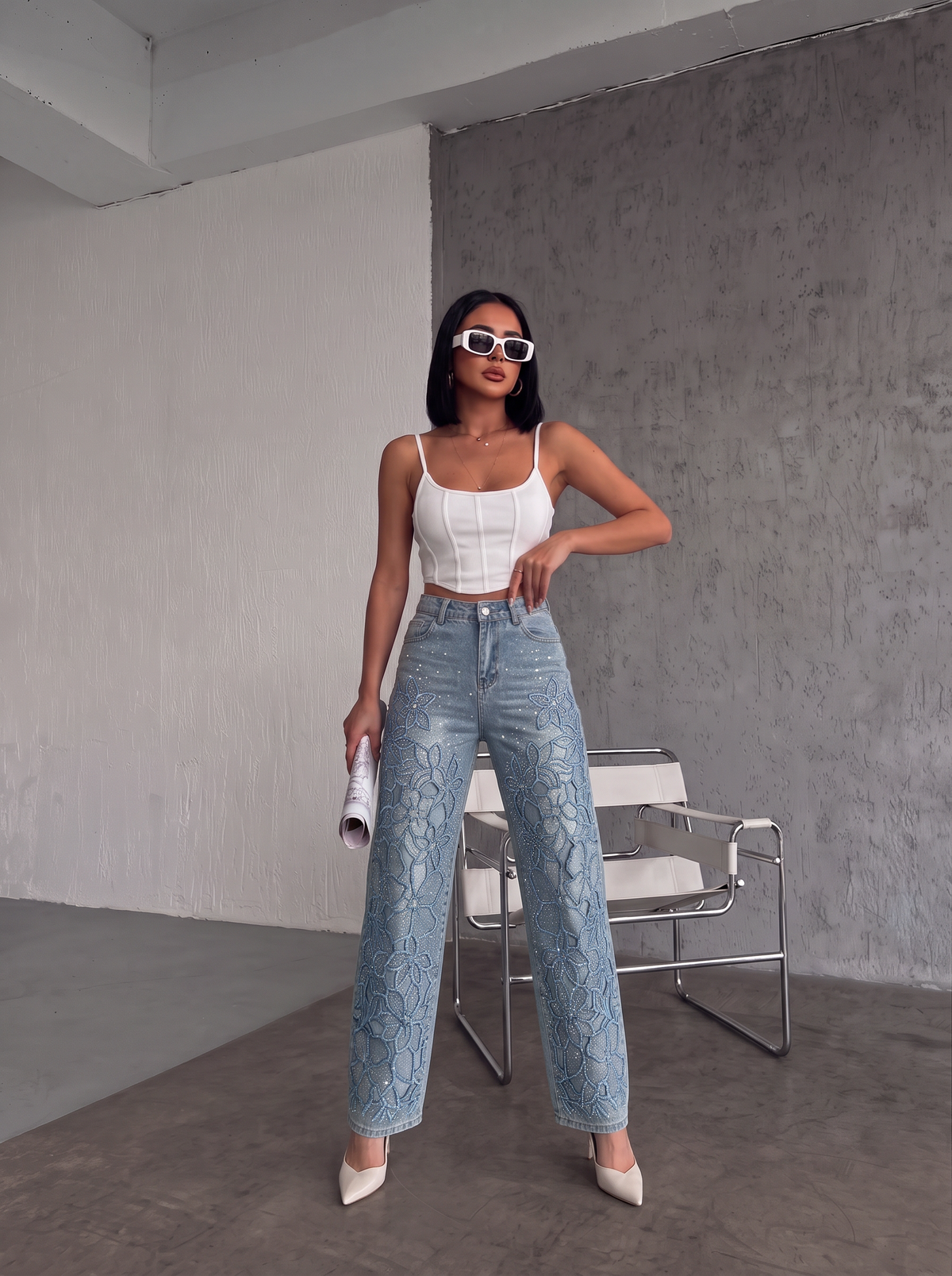Wide leg flores bordado