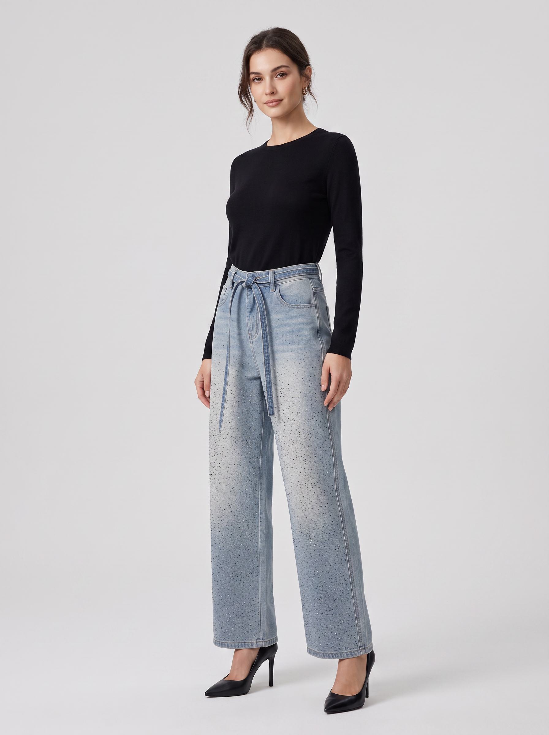 Jeans Wide Leg con Pedrería