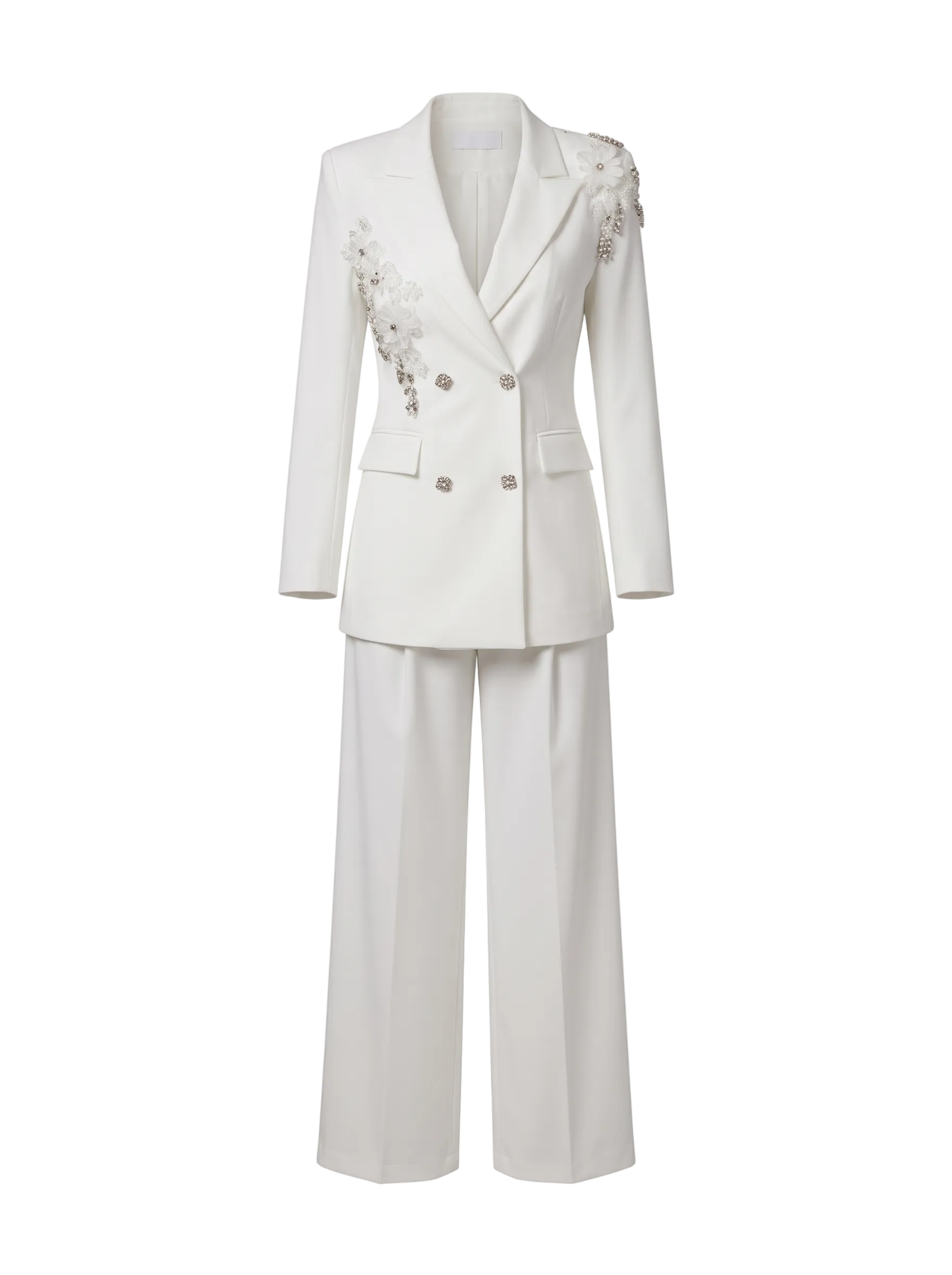 Traje sastre blanco de mujer con blazer de corte cruzado y detalles florales con cristales - Cameron Boutique