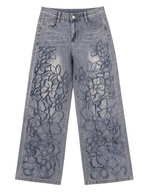 Wide leg flores bordado
